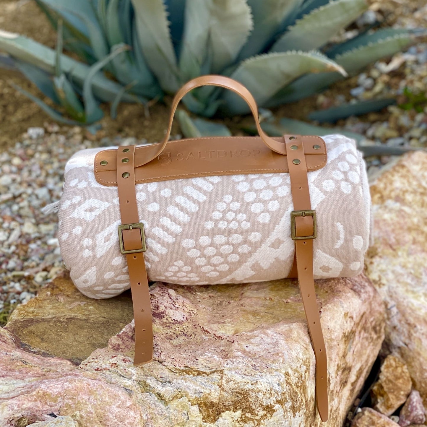 Vegan leather blanket carrier with diamond trail organic cotton blanket