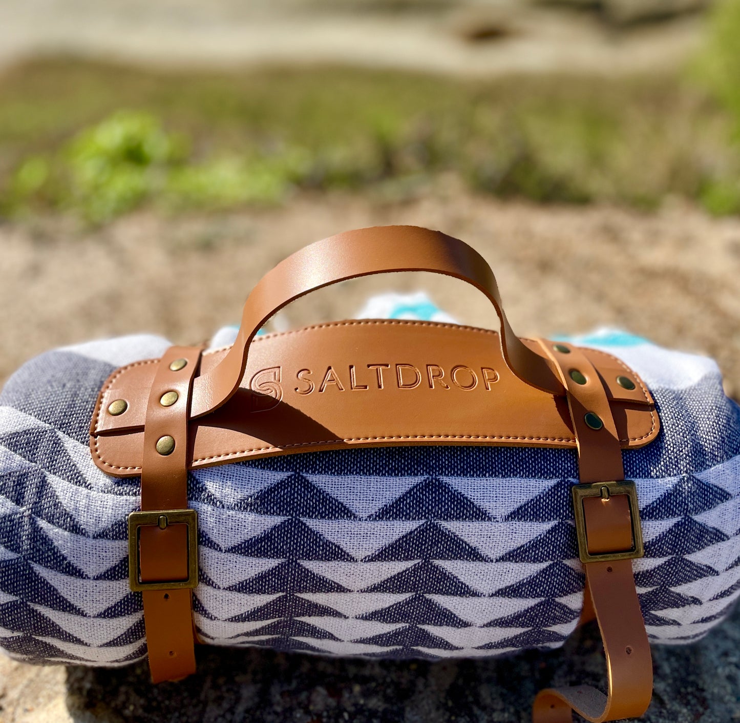 Vegan Leather Carrier for blankets, towels, yoga mats closeup